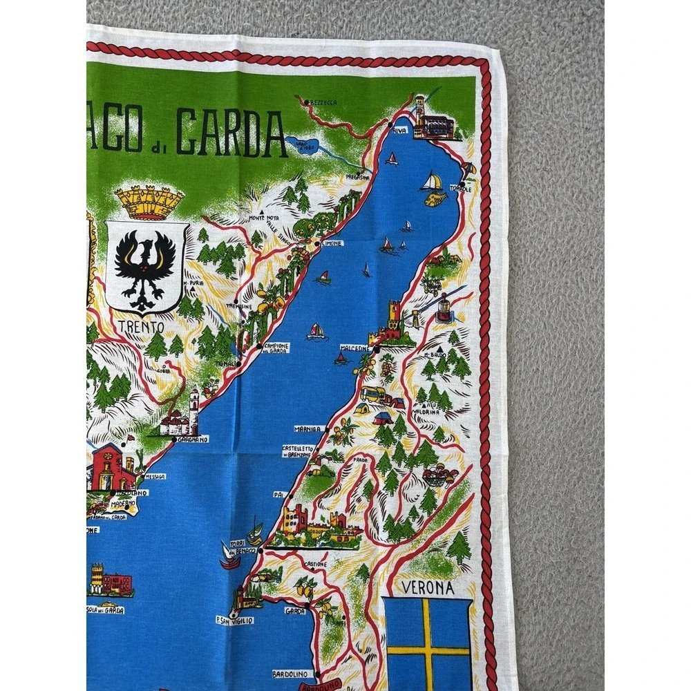 Vintage Lago Di Garda Souvenir Tea Towel Linen MCM Map 34x22